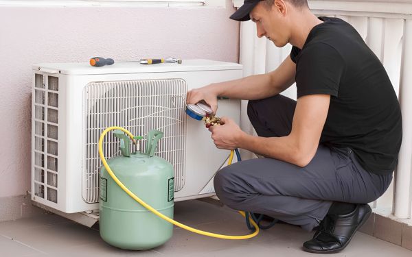 Kỹ thuật viên kiểm tra trước khi thu hồi môi chất lạnh